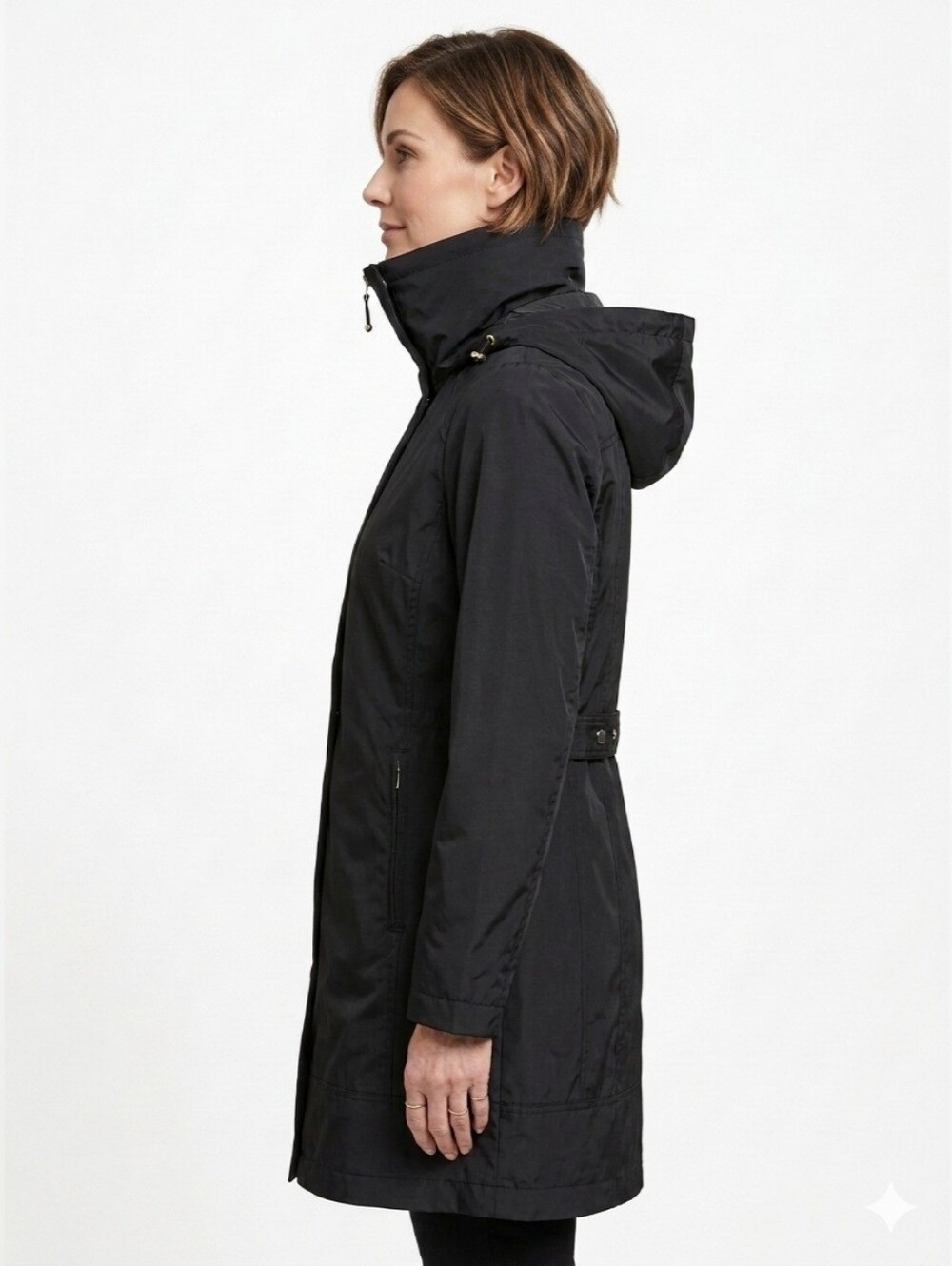 COLE HAAN Womens Black Full Zip Packable Rain Trench Coat with Hood Size XS NWOT